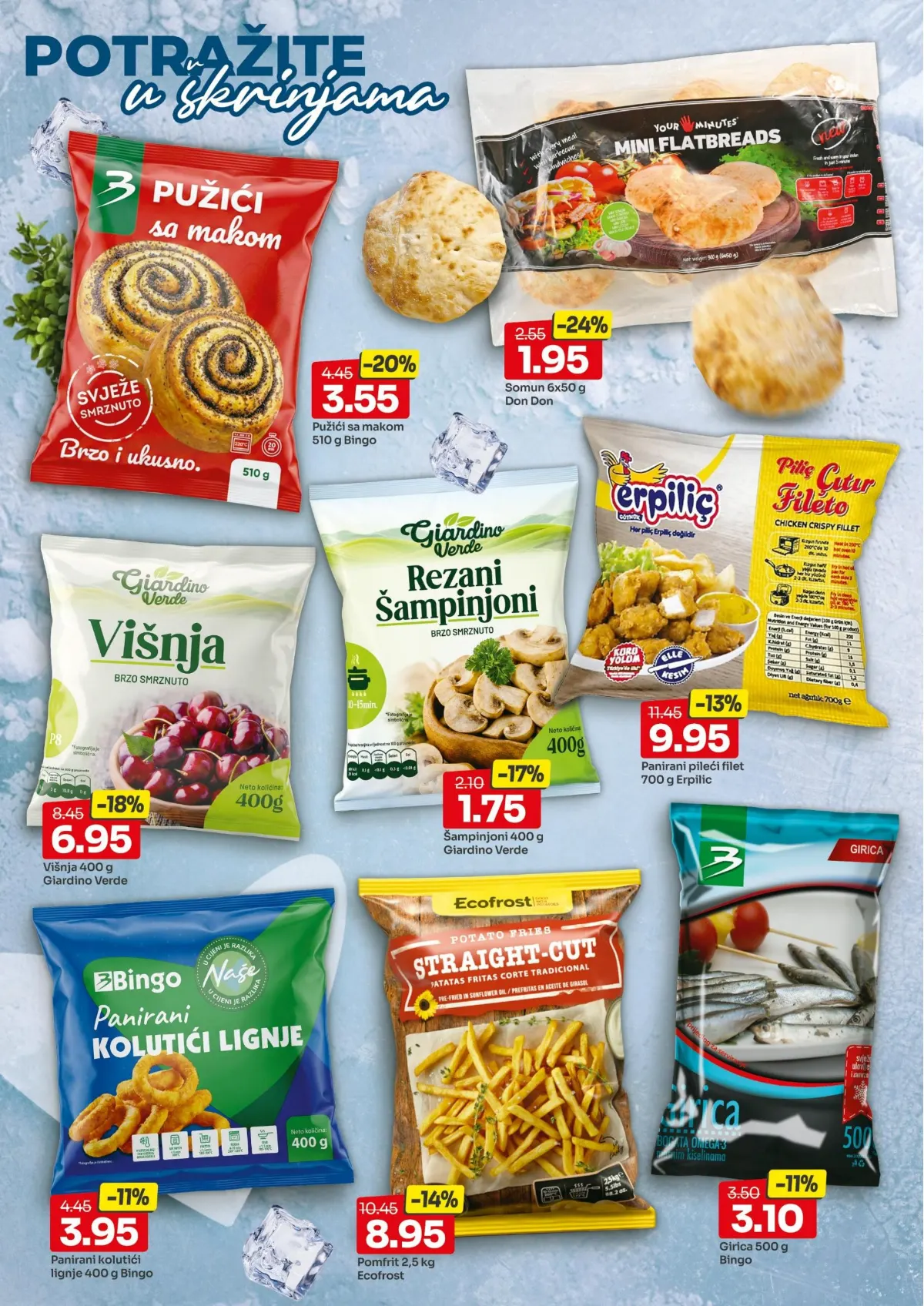 Bingo katalog, stranica 6 – višnja Giardino Verde 400 g za 6,95 KM i panirani pileći filet Erpilić 700 g za 9,95 KM