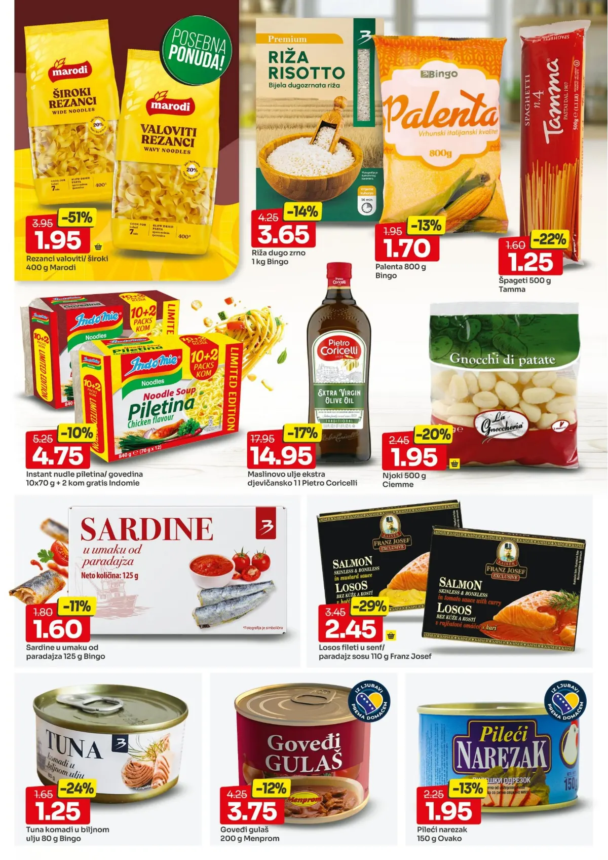Bingo katalog, stranica 7 – Marodi rezanci 400 g za 1,95 KM uz popust 51% i maslinovo ulje Pietro Coricelli 1 l za 14,95 KM