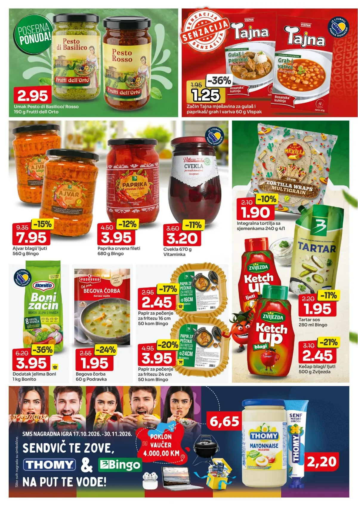 Bingo katalog, stranica 8 – ajvar Bingo 560 g za 7,95 KM i dodatak jelima Boni 1 kg za 3,95 KM