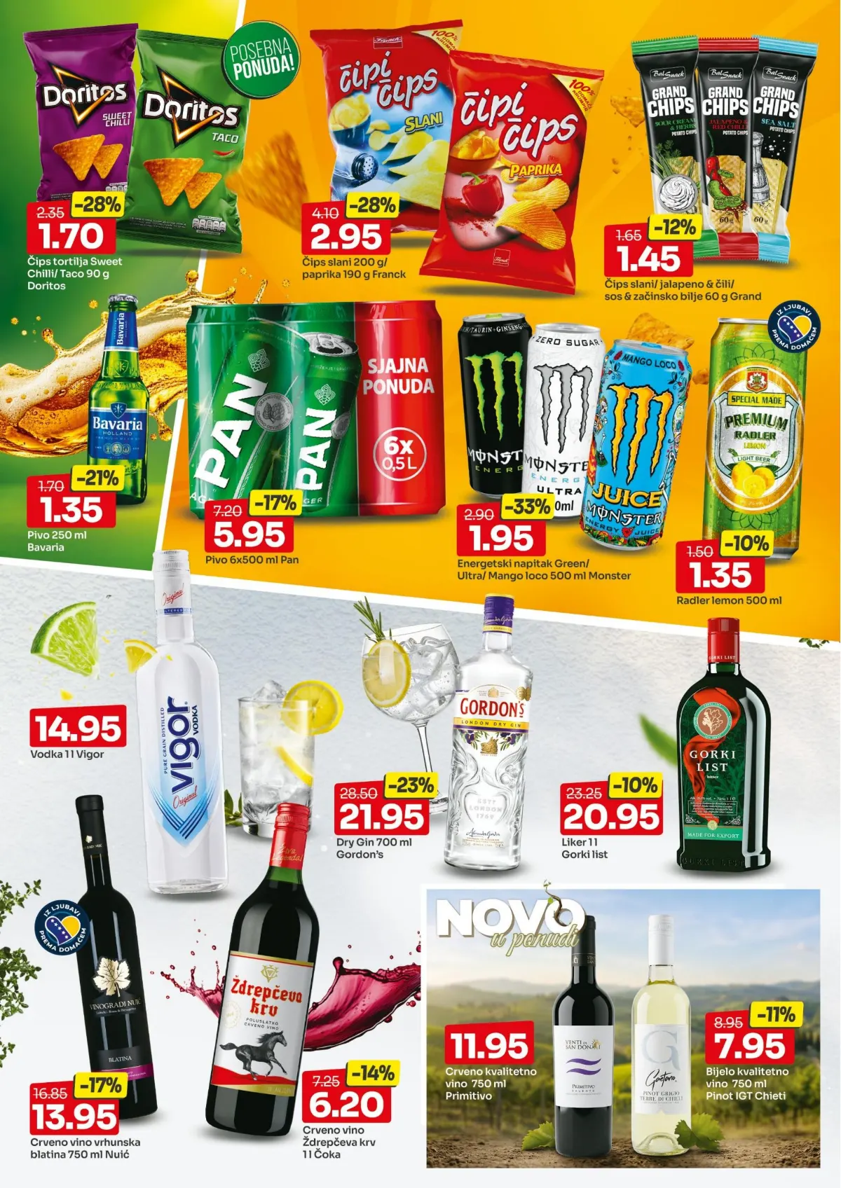 Bingo katalog, stranica 12 – Doritos tortilja čips 90 g za 1,70 KM i Monster energetski napitak 500 ml za 1,95 KM