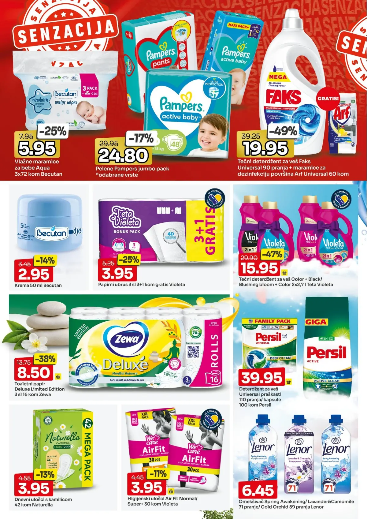 Bingo katalog, stranica 14 – Faks deterdžent za 90 pranja uz Arf maramice 19,95 KM i Teta Violeta deterdžent 2 puta 2,7 l za 15,95 KM