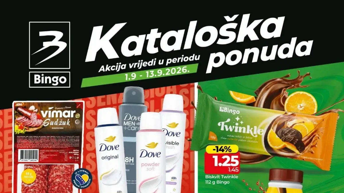 Bingo katalog od 01.09. do 13.09.2026. – hrana, piće, kućna hemija, kozmetika i proizvodi za domaćinstvo sniženi do 54%