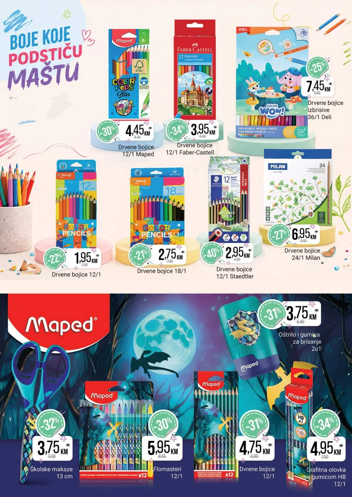 Bingo školski flomasteri i bojice – set za bojenje Maped 19,95 KM i sketch markeri 15,95 KM