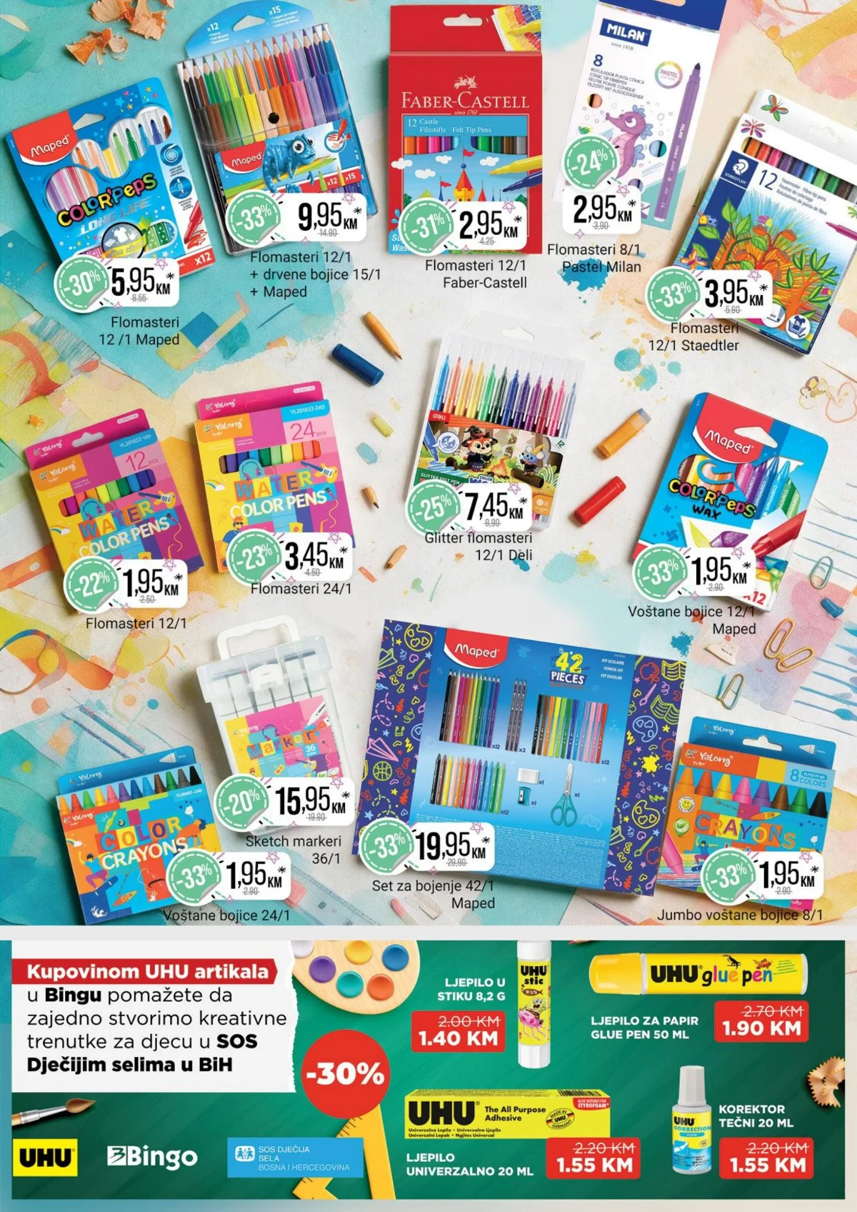 Bingo pribor za likovno – tempere, vodene boje i kistovi uz popuste do 50%