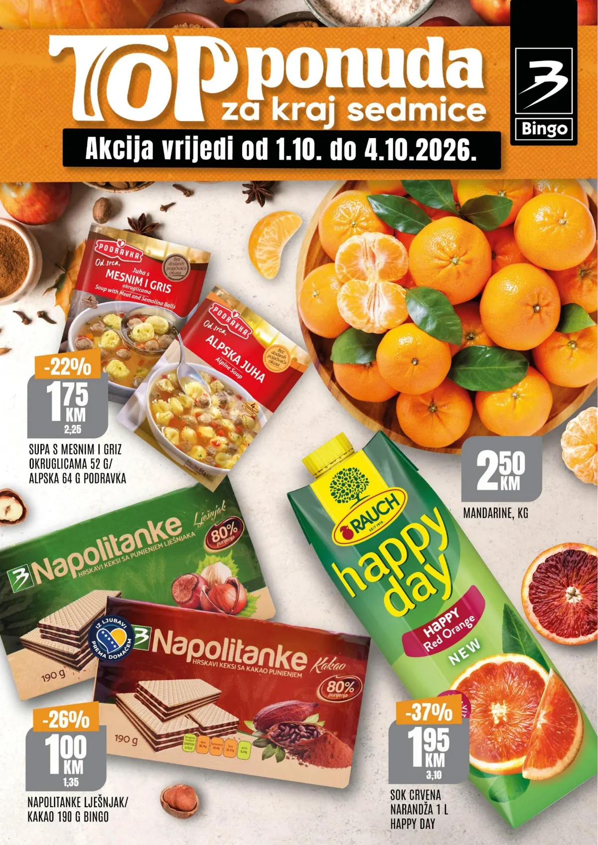 Bingo TOP ponuda za kraj sedmice od 01.10. do 04.10.2026. – mandarine, napolitanke, supe i Happy Day sok po akcijskim cijenama