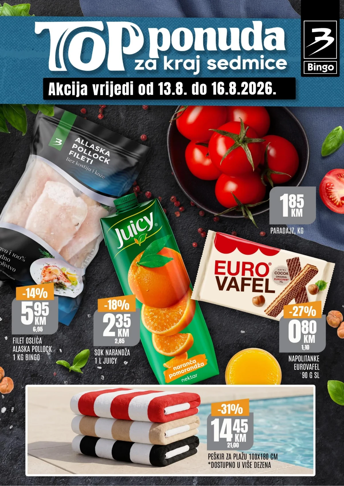 Bingo TOP ponuda za kraj sedmice od 13.08. do 16.08.2026. – akcijske cijene prehrane, pića i proizvoda za domaćinstvo uz popuste do 47%