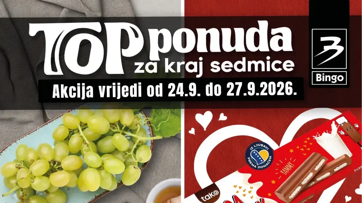Bingo TOP ponuda za kraj sedmice od 24.09. do 27.09.2026. – hrana, slatkiši, piće, kućne potrepštine i proizvodi za dom na akciji