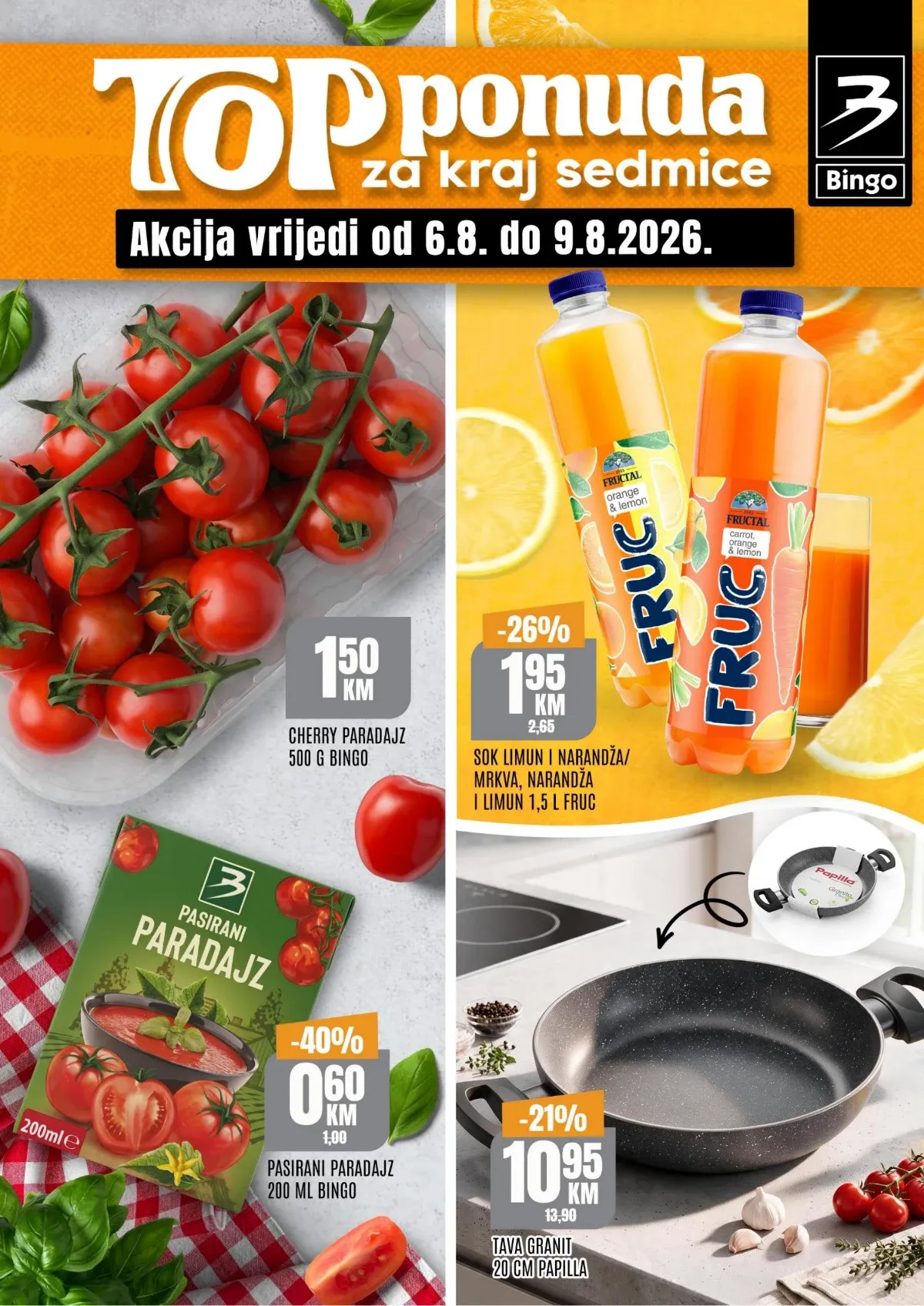 Bingo TOP ponuda za kraj sedmice od 06.08. do 09.08.2026. donosi popuste do 44% na prehranu, piće, higijenu i proizvode za domaćinstvo.