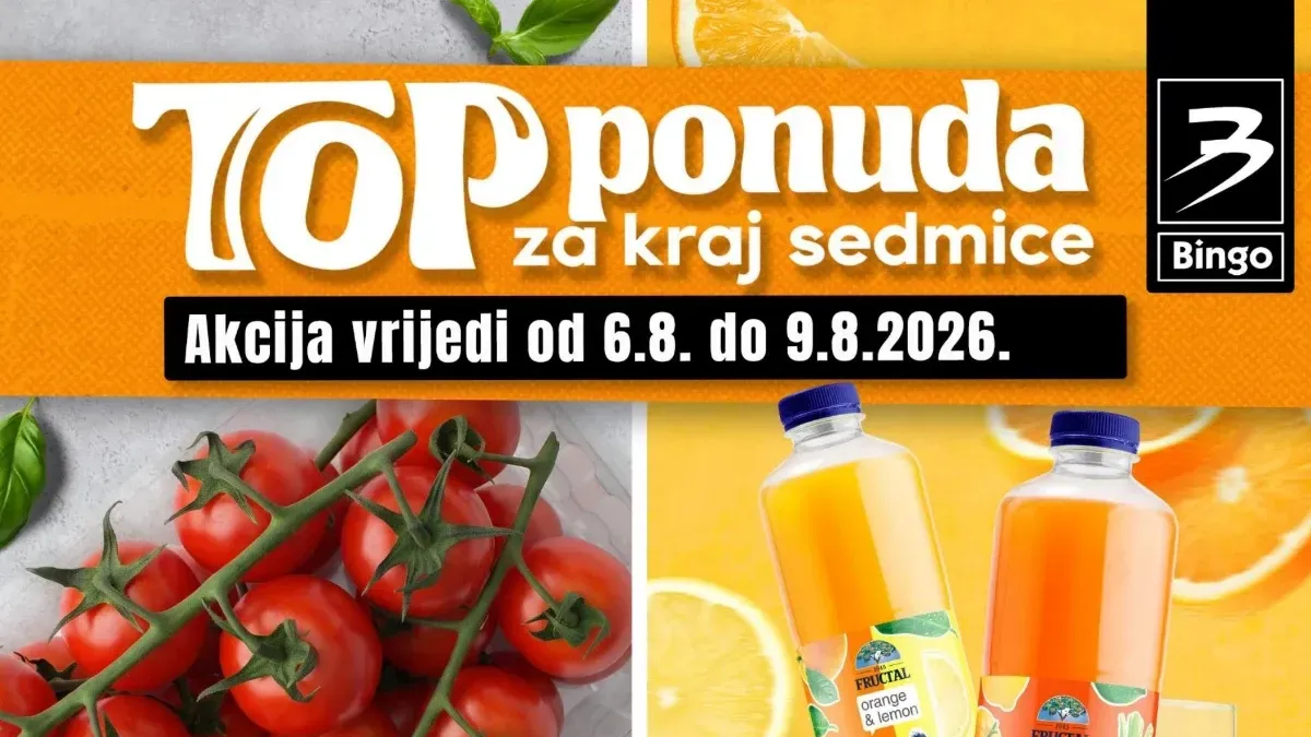 Bingo TOP ponuda za kraj sedmice od 06.08. do 09.08.2026. donosi popuste do 44% na prehranu, piće, higijenu i proizvode za domaćinstvo.