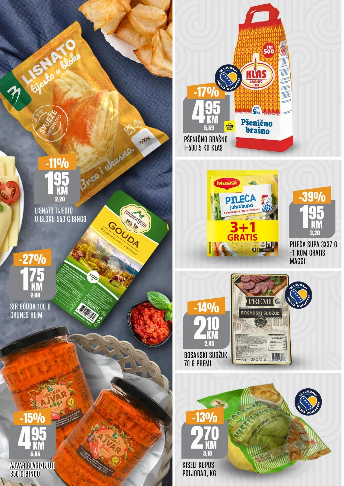 Bingo katalog, stranica 2 – Klas brašno 5 kg za 4,95 KM, Maggi pileća supa 3+1 gratis za 1,95 KM, sir, ajvar i kiseli kupus