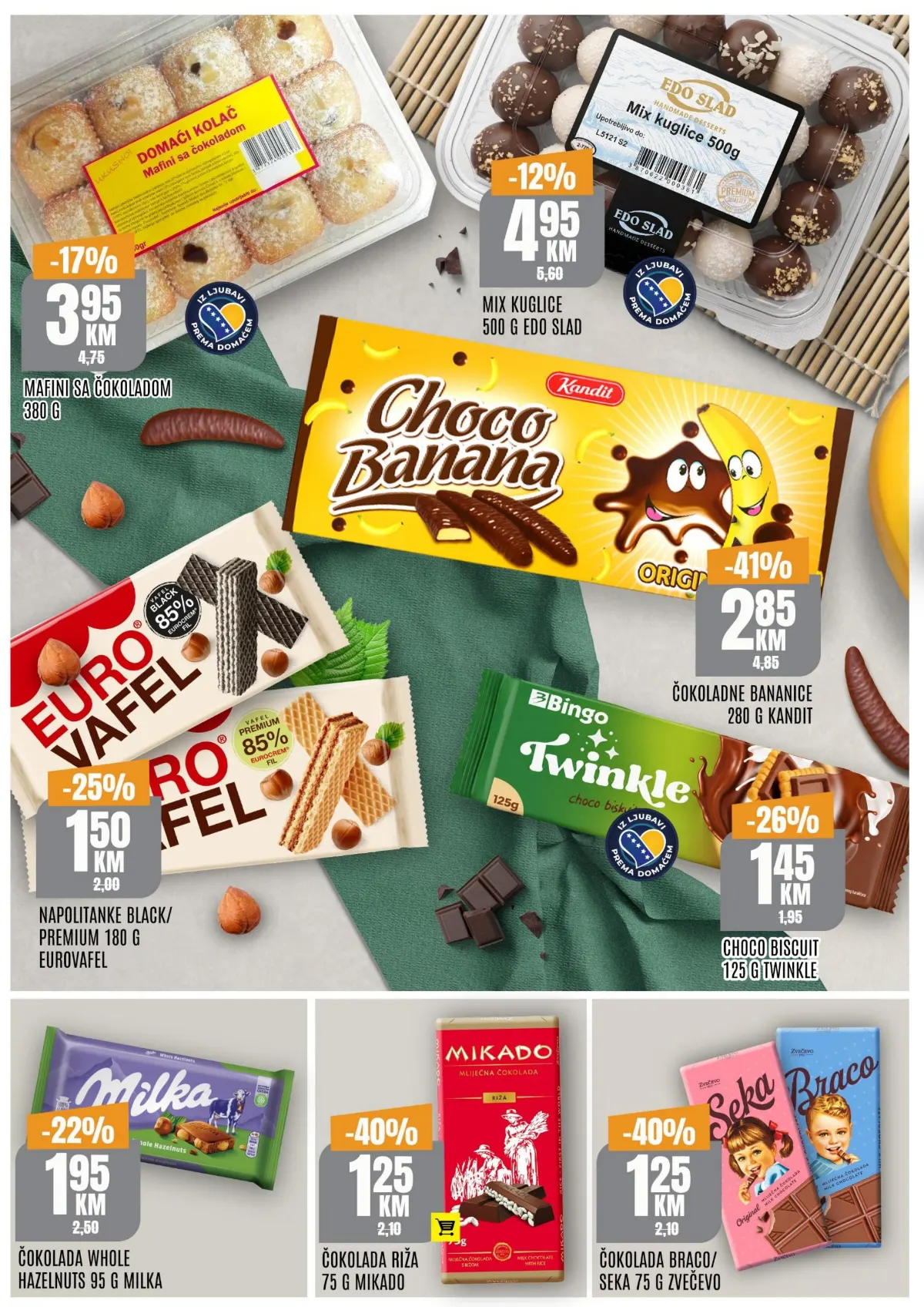 Bingo katalog, stranica 4 – Kandi Choco Banana 280 g za 2,85 KM, Mikado čokolada s rižom 75 g za 1,25 KM, napolitanke, mafini i čokolade