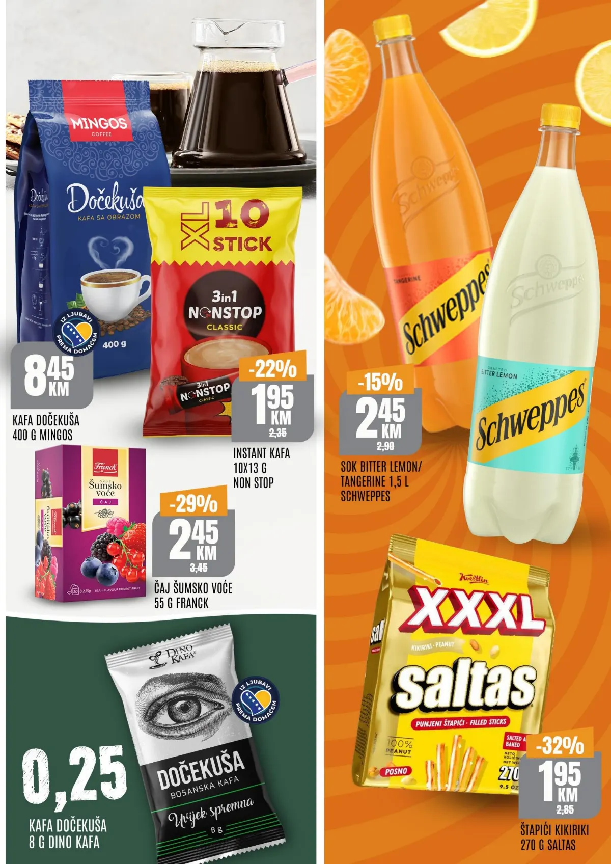 Bingo katalog, stranica 5 – Dino kafa Dočekuša 8 g za 0,25 KM, Schweppes 1,5 l za 2,45 KM, Mingos kafa, Franck čaj i Saltas štapići