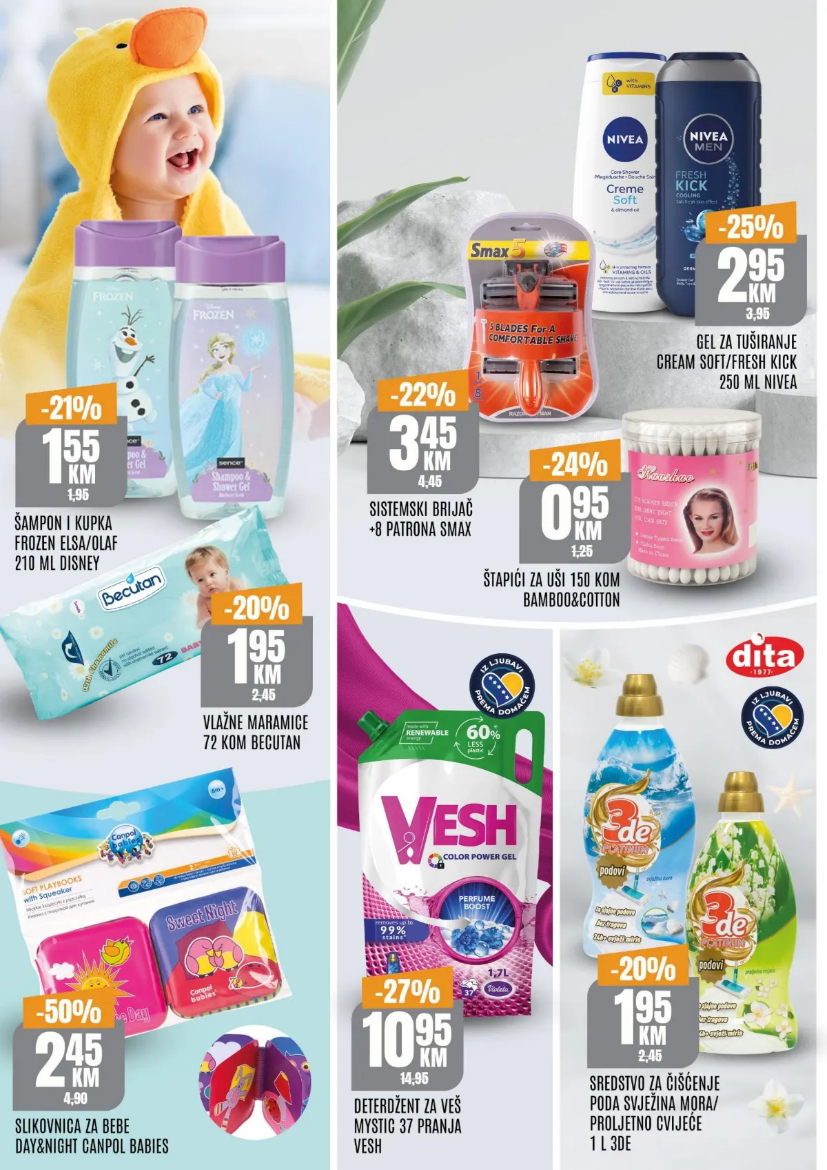 Bingo katalog, stranica 6 – Vesh Mystic deterdžent za 37 pranja 10,95 KM, Nivea gel za tuširanje 250 ml 2,95 KM, Becutan maramice i proizvodi za djecu