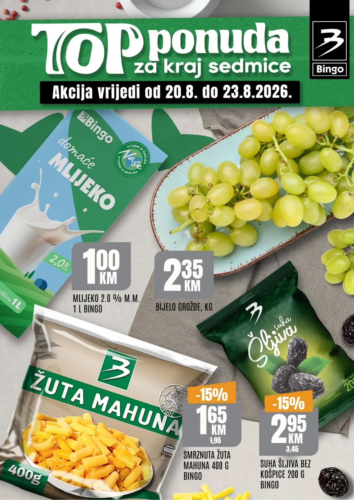 Bingo TOP akcija od 20.08. do 23.08.2026. – vikend ponuda hrane, pića, kućne hemije i proizvoda za domaćinstvo uz popuste do 39%
