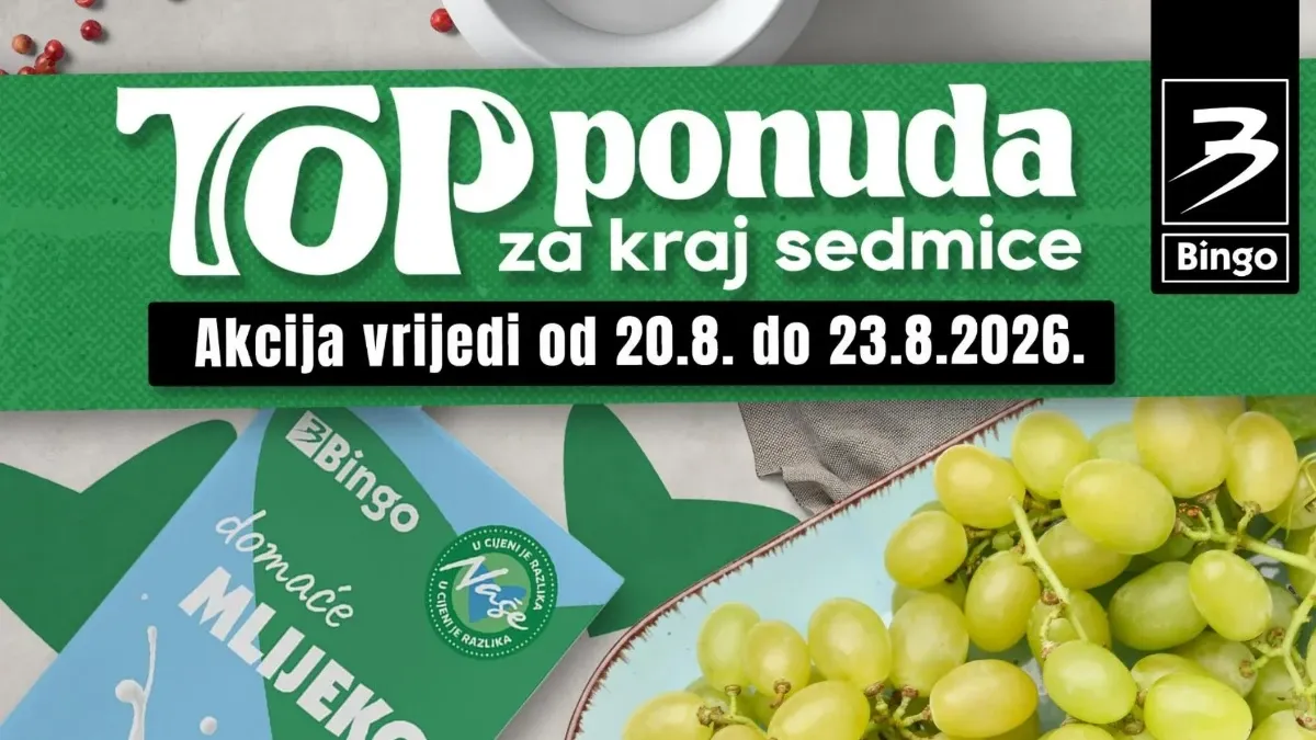 Bingo TOP akcija od 20.08. do 23.08.2026. – vikend ponuda hrane, pića, kućne hemije i proizvoda za domaćinstvo uz popuste do 39%