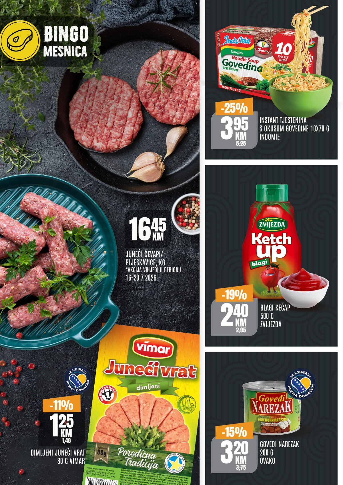 Bingo TOP ponuda 16.07. do 19.07.2026. – juneći ćevapi, Indomie, kečap i mesni proizvodi na akciji