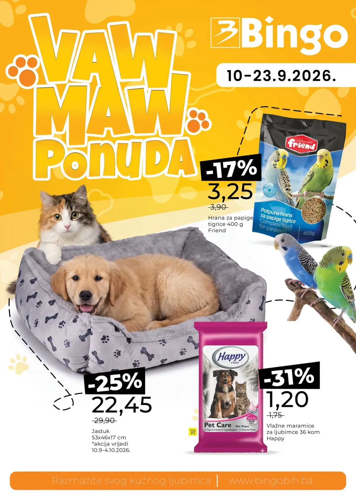 Bingo WAW MAW ponuda od 10.09. do 23.09.2026. – hrana, oprema, igračke i proizvodi za njegu kućnih ljubimaca sniženi do 44%
