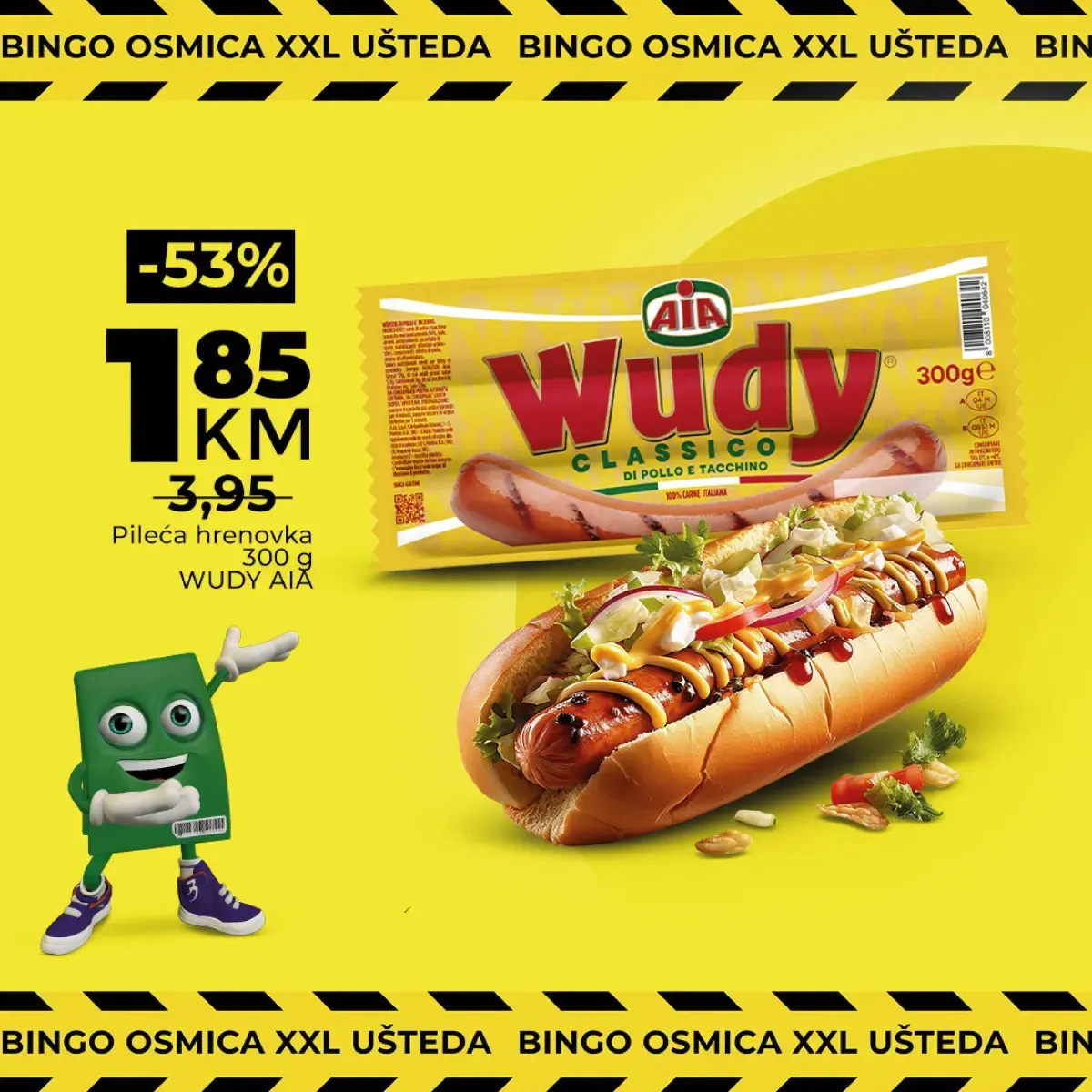 Bingo Osmica XXL ušteda – Wudy AIA pileća hrenovka 300 g za 1,85 KM uz popust 53%