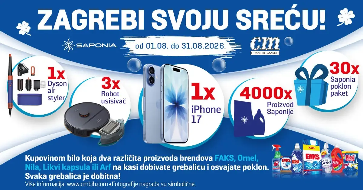 CM i Saponia nagradna akcija do 31.08.2026. – osvojite iPhone 17, Dyson Airwrap, robot usisivače i hiljade poklona