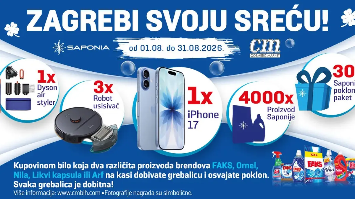 CM i Saponia nagradna akcija do 31.08.2026. – osvojite iPhone 17, Dyson Airwrap, robot usisivače i hiljade poklona