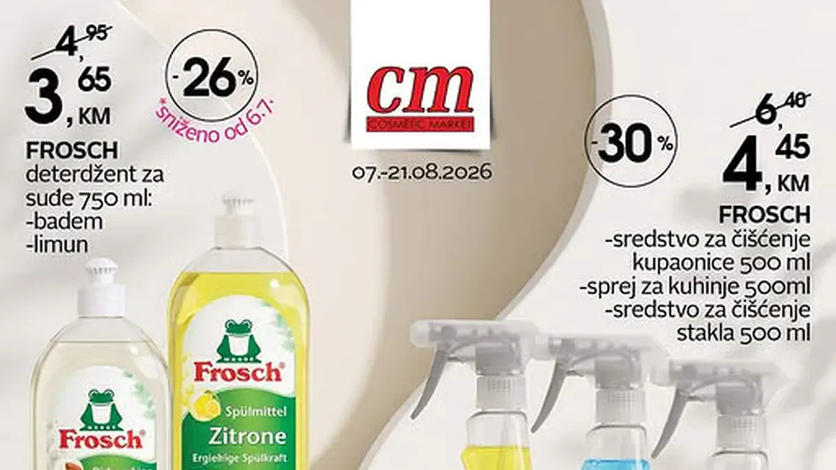 CM Frosch akcija do 21.08.2026. – deterdžent za suđe, sredstva za čišćenje kupatila, kuhinje i stakla po sniženim cijenama