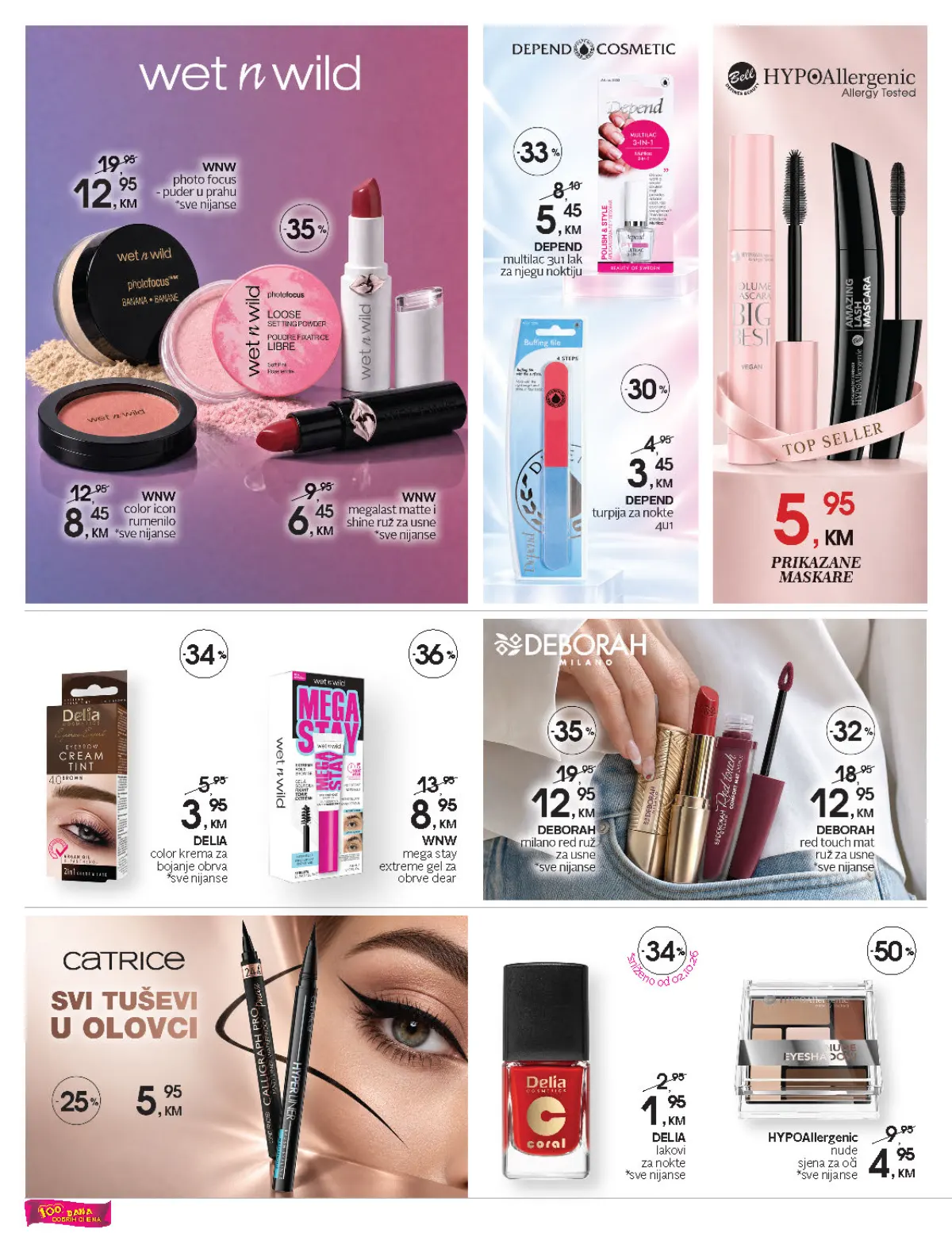 CM katalog, stranica 2 – Wet n Wild šminka, Delia proizvodi za obrve i nokte te HYPOAllergenic sjena za oči za 4,95 KM
