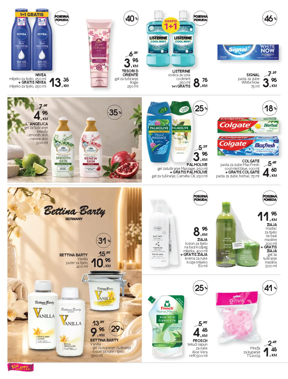 CM katalog, stranica 12 – njega tijela, gelovi za tuširanje i oralna higijena brendova Nivea, Tesori d’Oriente, Ziaja, Listerine i Colgate