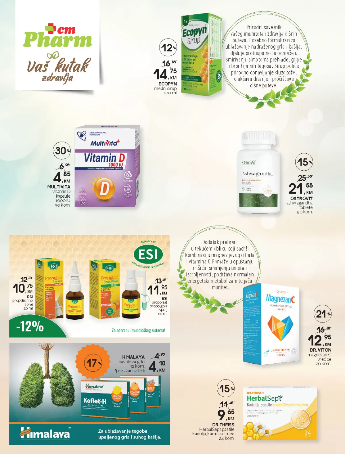 CM katalog, stranica 20 – cm Pharm ponuda vitamina, dodataka prehrani i odabranih proizvoda brendova ESI, Himalaya i Dr. Viton