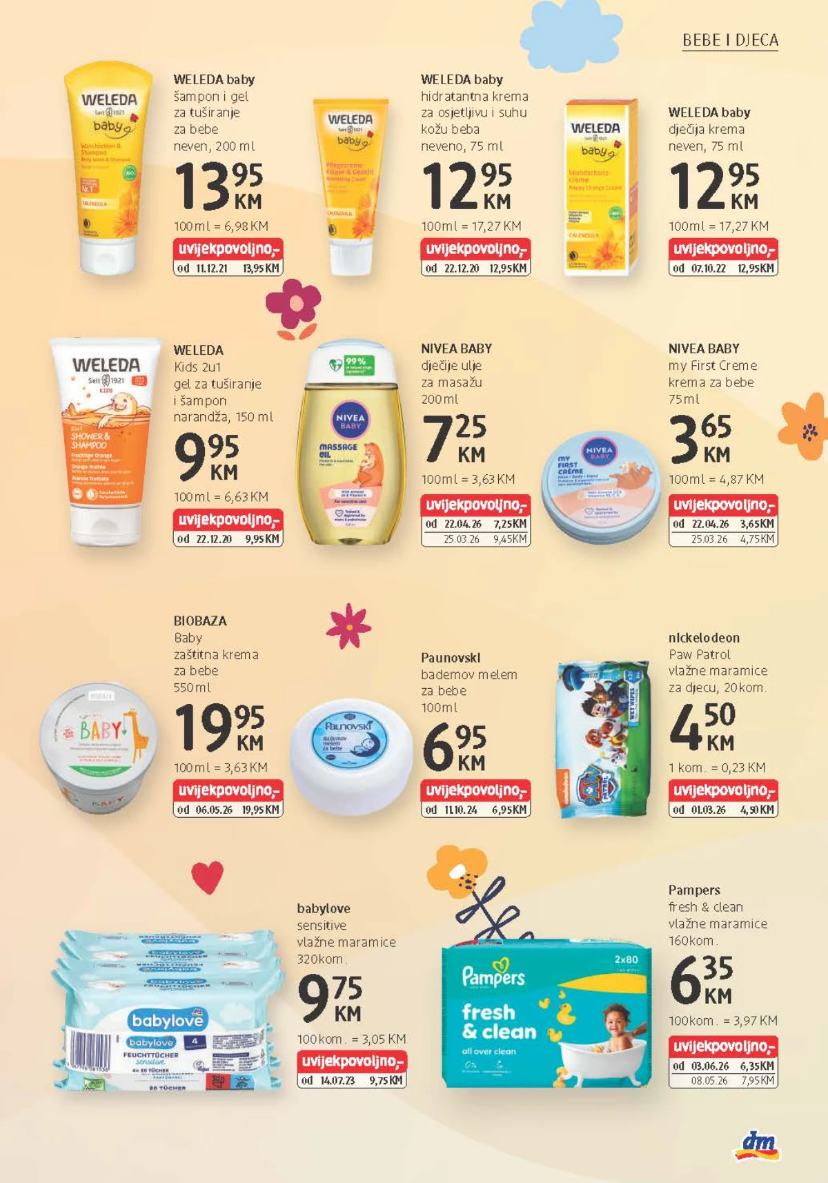 dm katalog predstavlja Weleda i Nivea proizvode za bebe, babylove i Pampers vlažne maramice