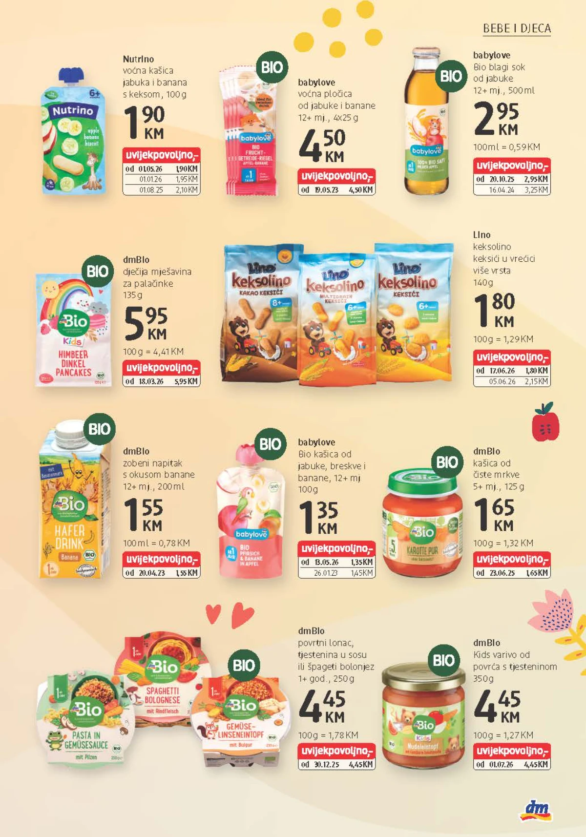 dm katalog predstavlja dmBio kašice, dječije napitke, Lino keksiće i babylove Bio proizvode