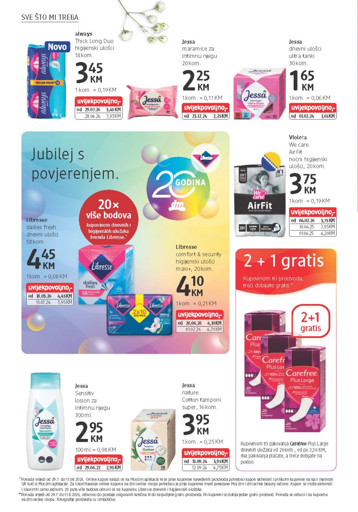 dm katalog donosi 20 puta više bodova na Libresse proizvode i Carefree dnevne uloške u ponudi 2+1 gratis