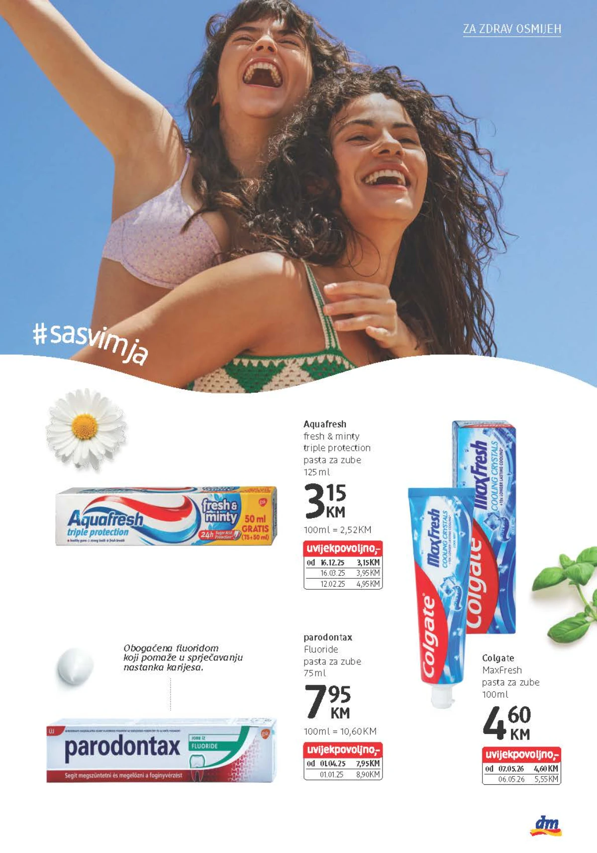dm katalog do 11.08.2026. donosi Aquafresh, Colgate MaxFresh i Parodontax paste za zube
