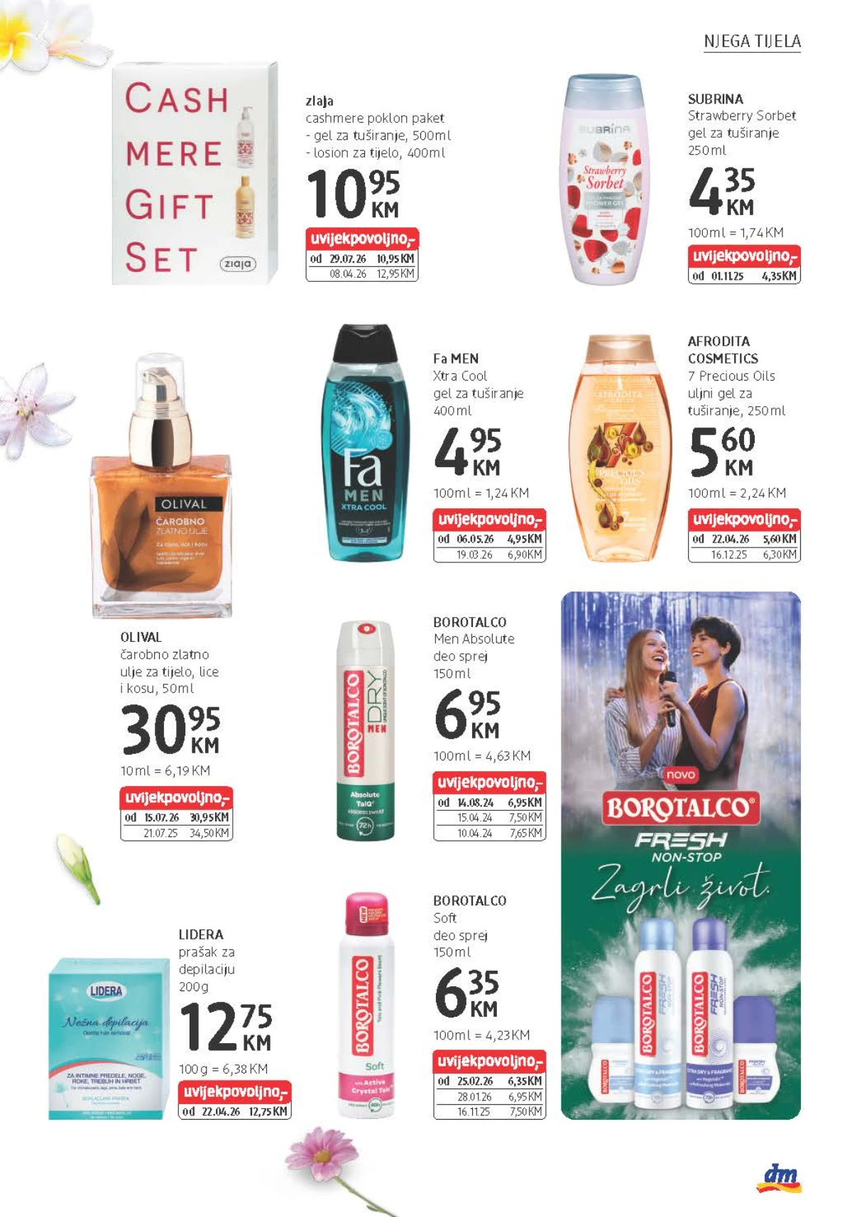 dm katalog do 11.08.2026. donosi Afrodita, Subrina, Fa, Borotalco i Olival proizvode za njegu