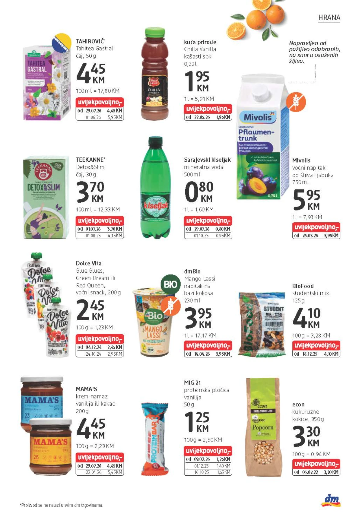 dm katalog donosi dmBio Mango Lassi, Mivolis napitak, čajeve, voćne snackove i proteinske pločice