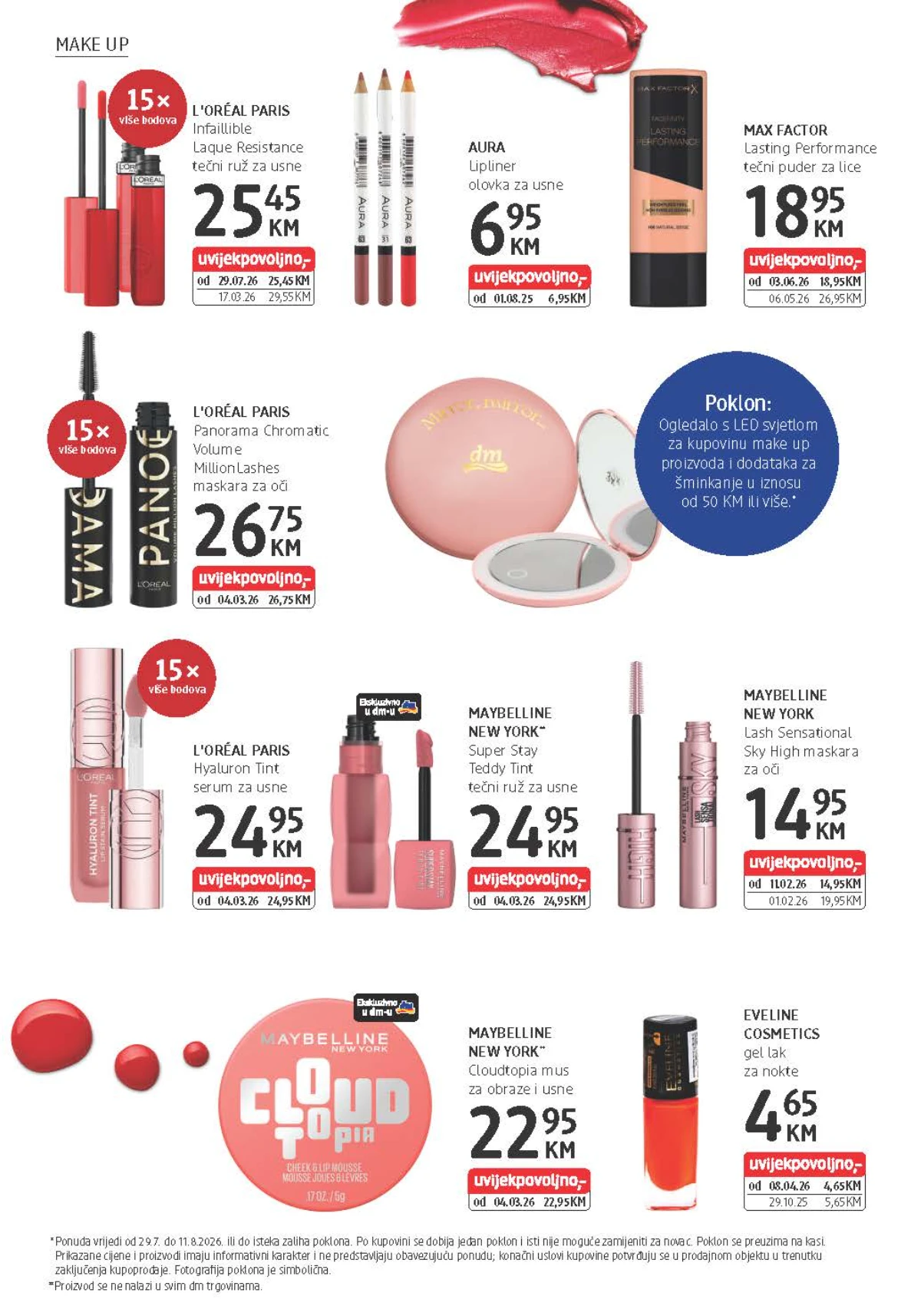 dm katalog predstavlja L'Oréal, Maybelline, Max Factor i Eveline proizvode za usne, lice i nokte