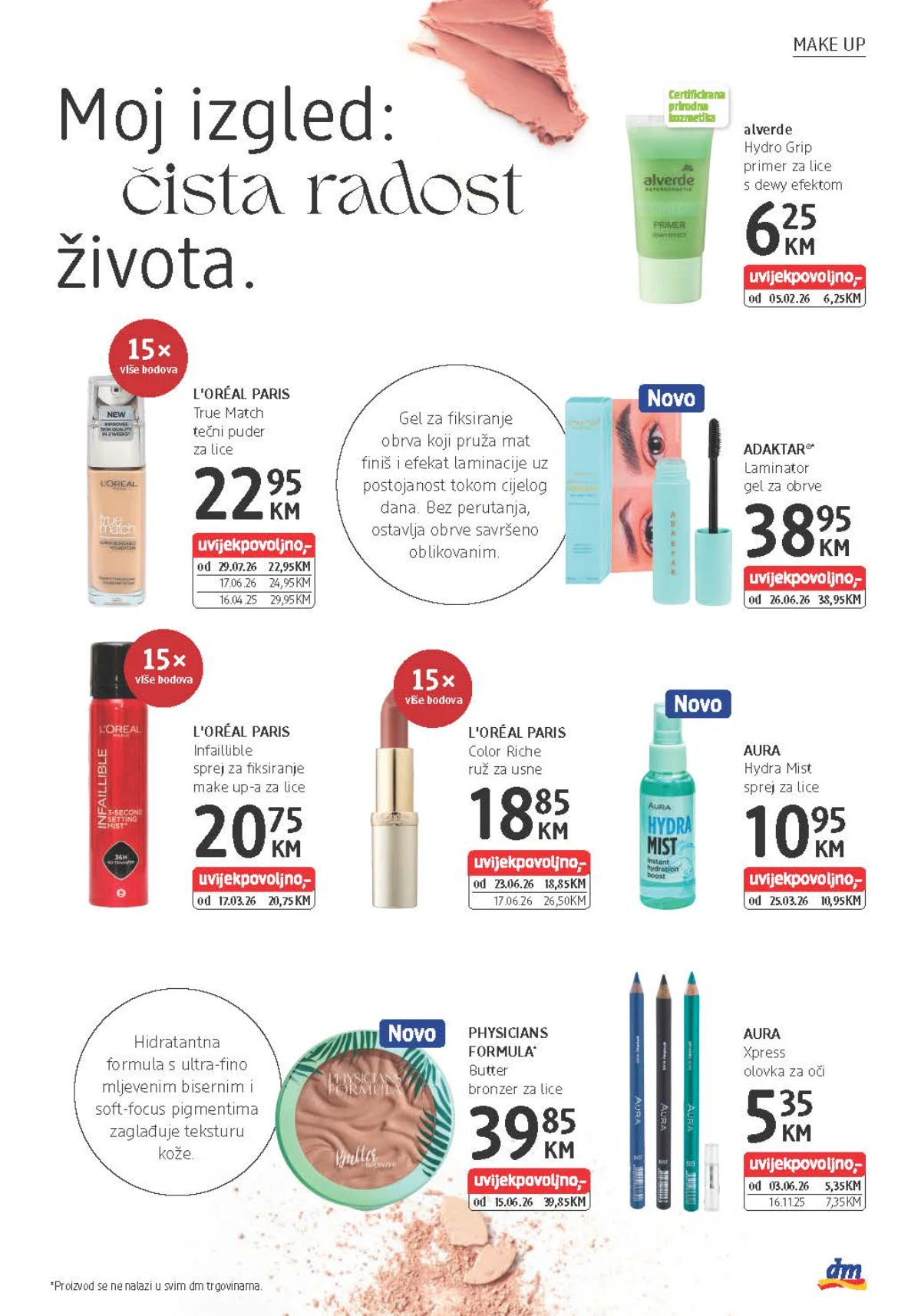 dm katalog donosi L'Oréal True Match puder, alverde primer, Adaktar gel za obrve i Physicians Formula bronzer