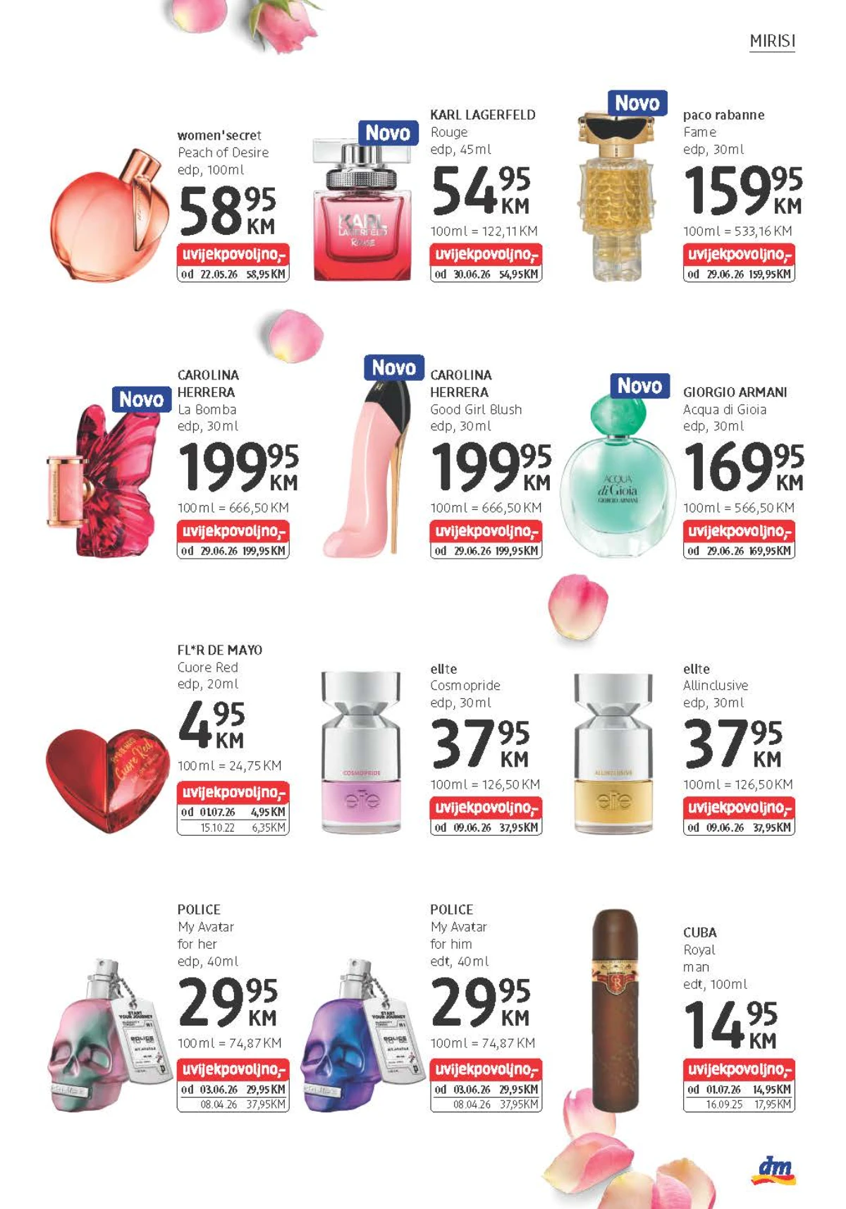 dm katalog predstavlja Carolina Herrera, Giorgio Armani, Paco Rabanne, Karl Lagerfeld i Police mirise