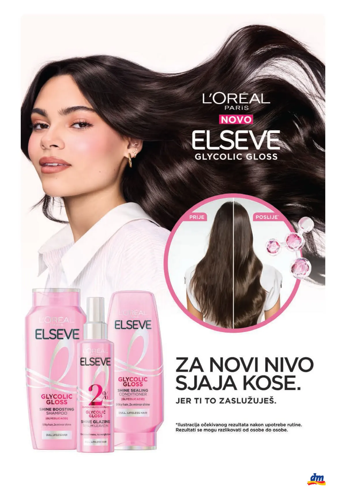 dm katalog, stranica 15 – reklama za L’ORÉAL PARIS ELSEVE Glycolic Gloss njegu kose