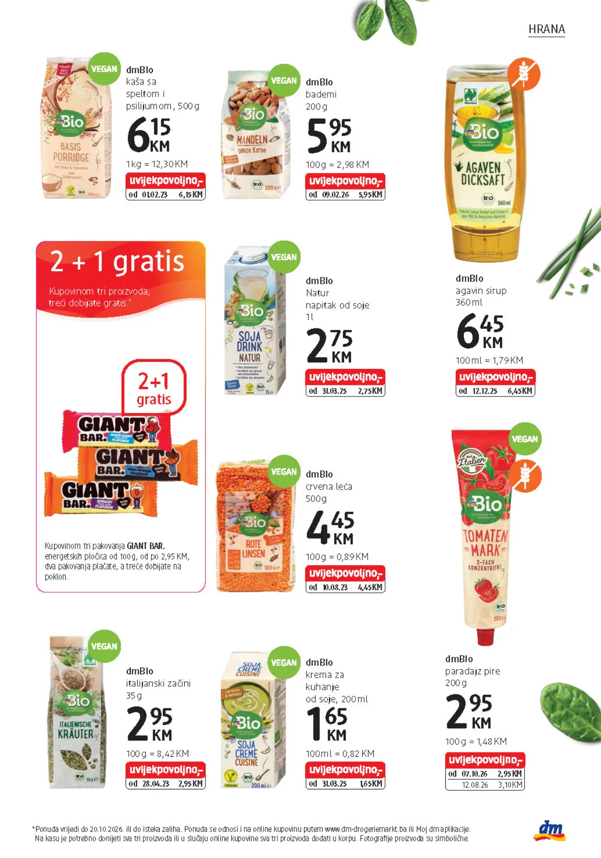 dm katalog, stranica 25 – dmBio bademi i prehrambeni proizvodi te GIANT BAR 2+1 gratis