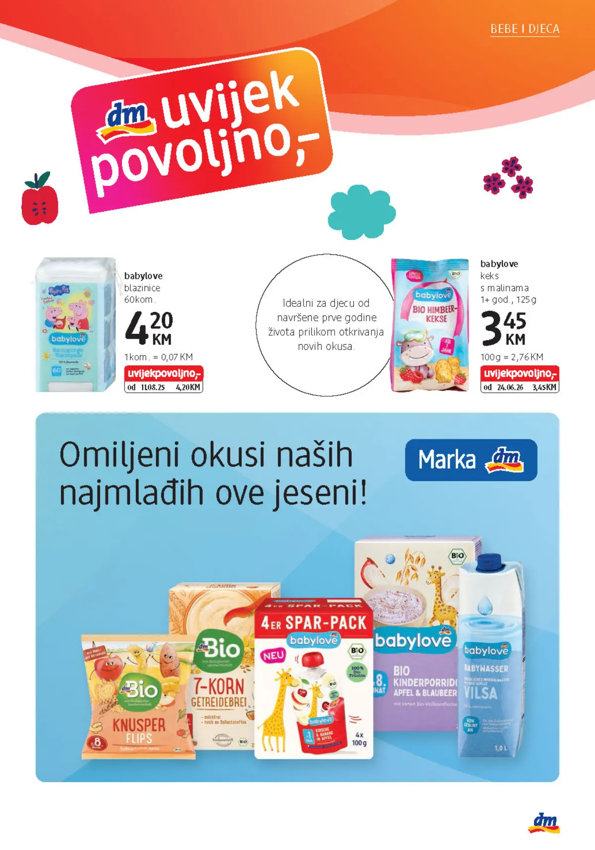 dm katalog, stranica 27 – babylove blazinice i keks s malinama za djecu