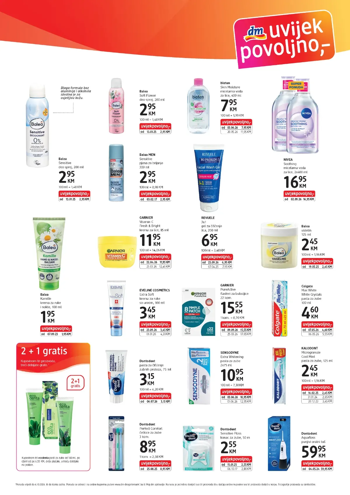 dm katalog, stranica 3 – proizvodi za lice, dezodoransi i 2+1 gratis ponuda