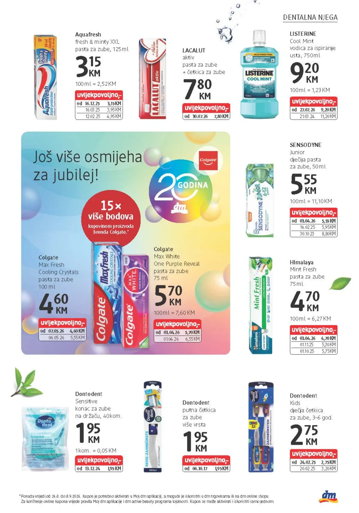 dm katalog od 26.08. do 08.09.2026. – Colgate paste za zube uz 15× više bodova, Listerine vodica i Sensodyne Junior pasta