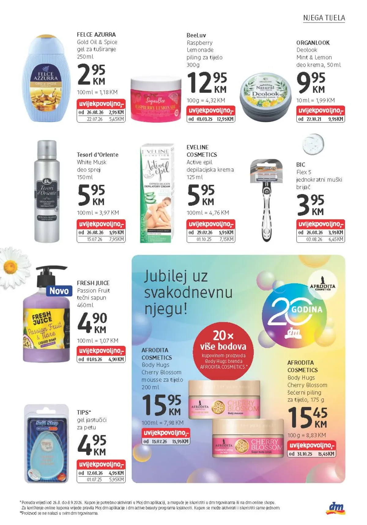 dm katalog od 26.08. do 08.09.2026. – Afrodita Body Hugs proizvodi uz 20× više bodova, Felce Azzurra i Tesori d'Oriente