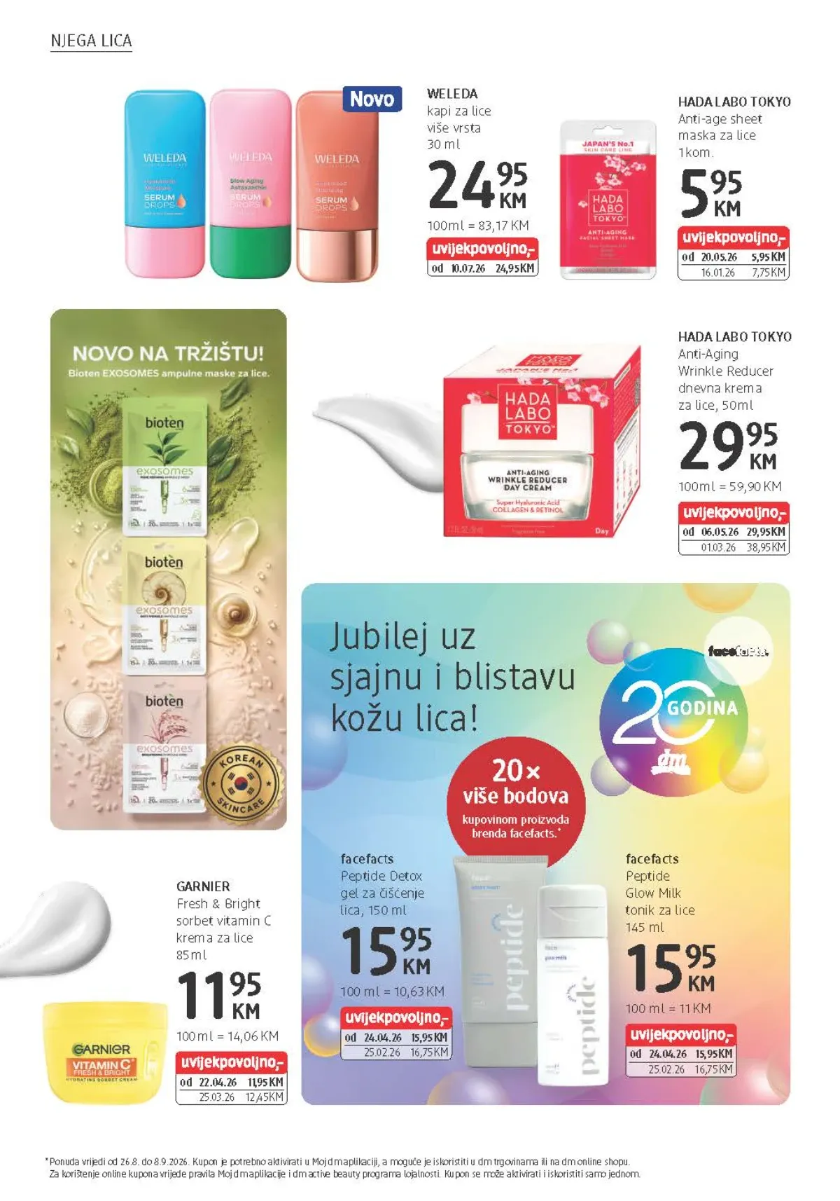 dm katalog od 26.08. do 08.09.2026. – facefacts njega lica uz 20× više bodova, Garnier Fresh and Bright i Hada Labo Tokyo