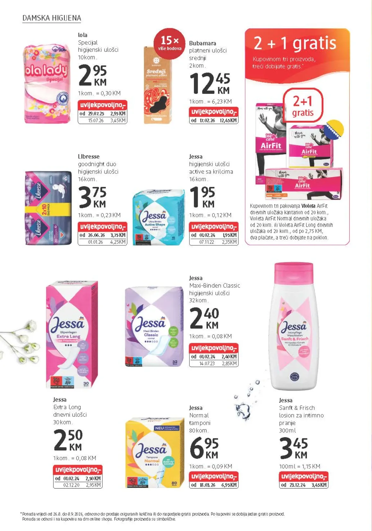 dm katalog od 26.08. do 08.09.2026. – Violeta AirFit dnevni ulošci u ponudi 2+1 gratis te Jessa i Libresse proizvodi