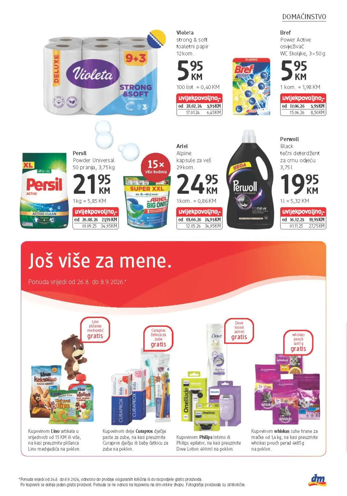 dm katalog od 26.08. do 08.09.2026. – Persil, Ariel i Perwoll deterdženti te Lino, Curaprox, Dove i Whiskas pokloni