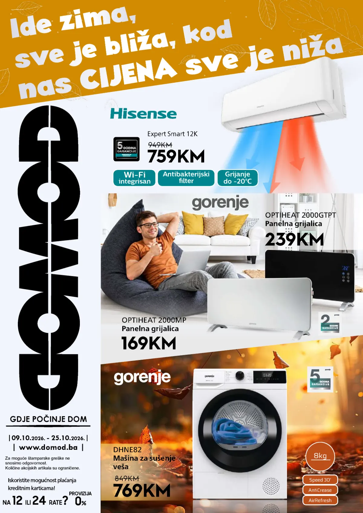 DOMOD katalog od 9. do 25.10.2026. – klima Expert Smart 12K za 759 KM, panelne grijalice i sušilica veša DHNE82 za 769 KM