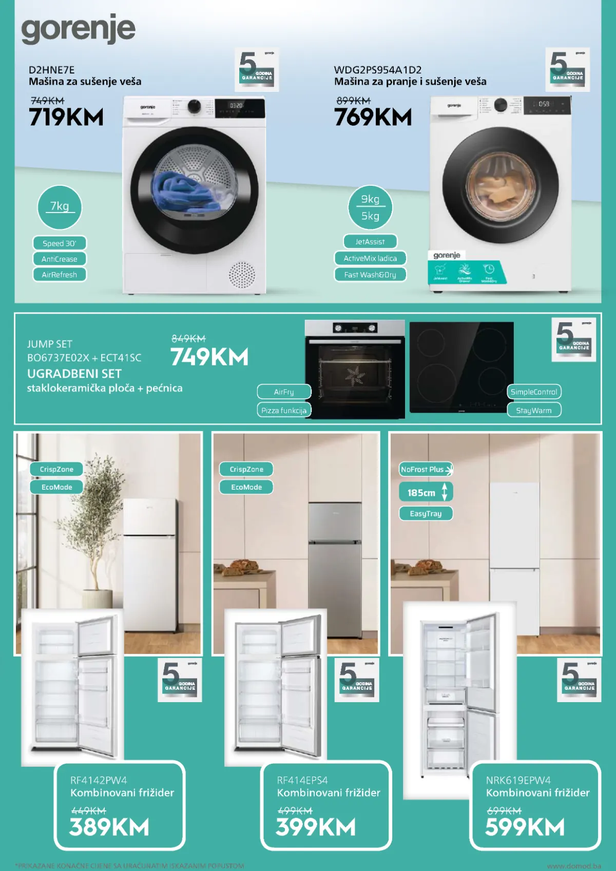 DOMOD katalog, stranica 3 – sušilica D2HNE7E, mašina za pranje i sušenje veša, ugradbeni set i frižideri