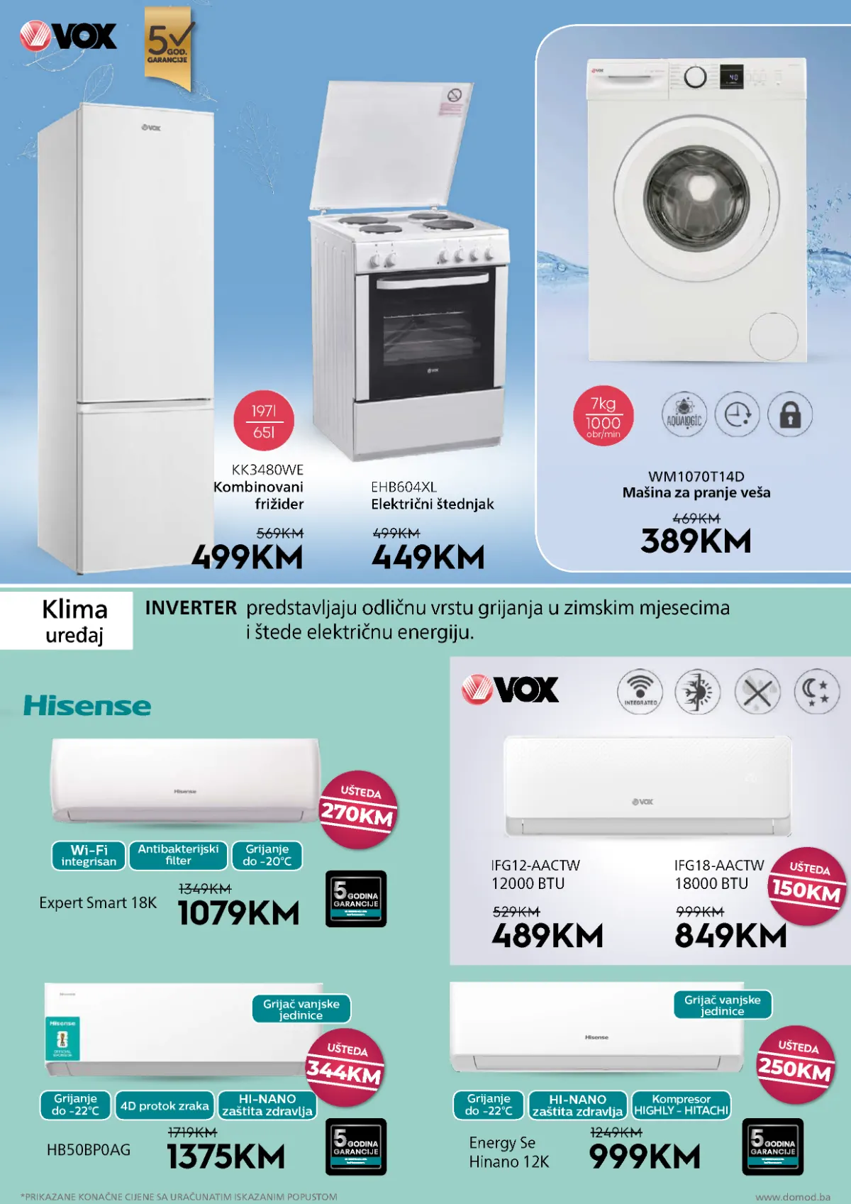 DOMOD katalog, stranica 5 – klima-uređaji, kombinovani frižider, električni štednjak i mašina za pranje veša