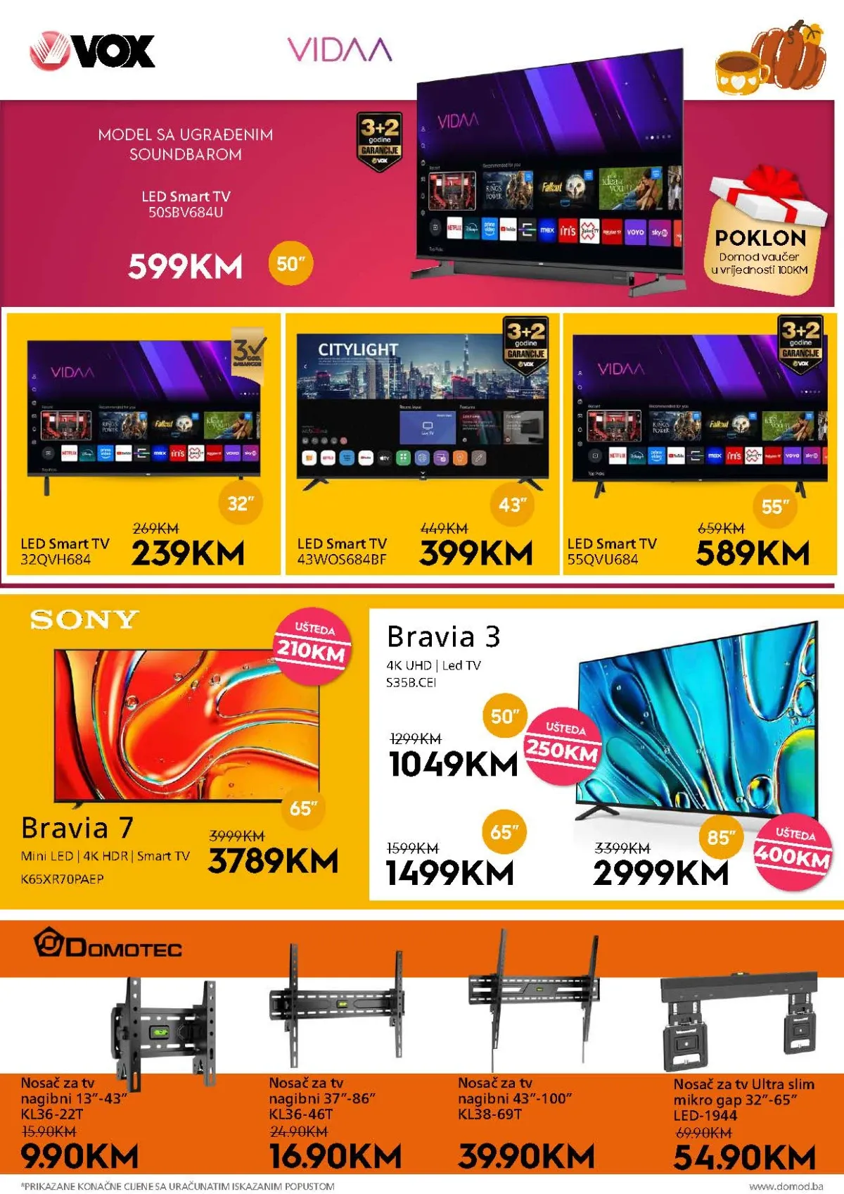 DOMOD katalog – VOX i Sony televizori te nosači za televizore na akciji